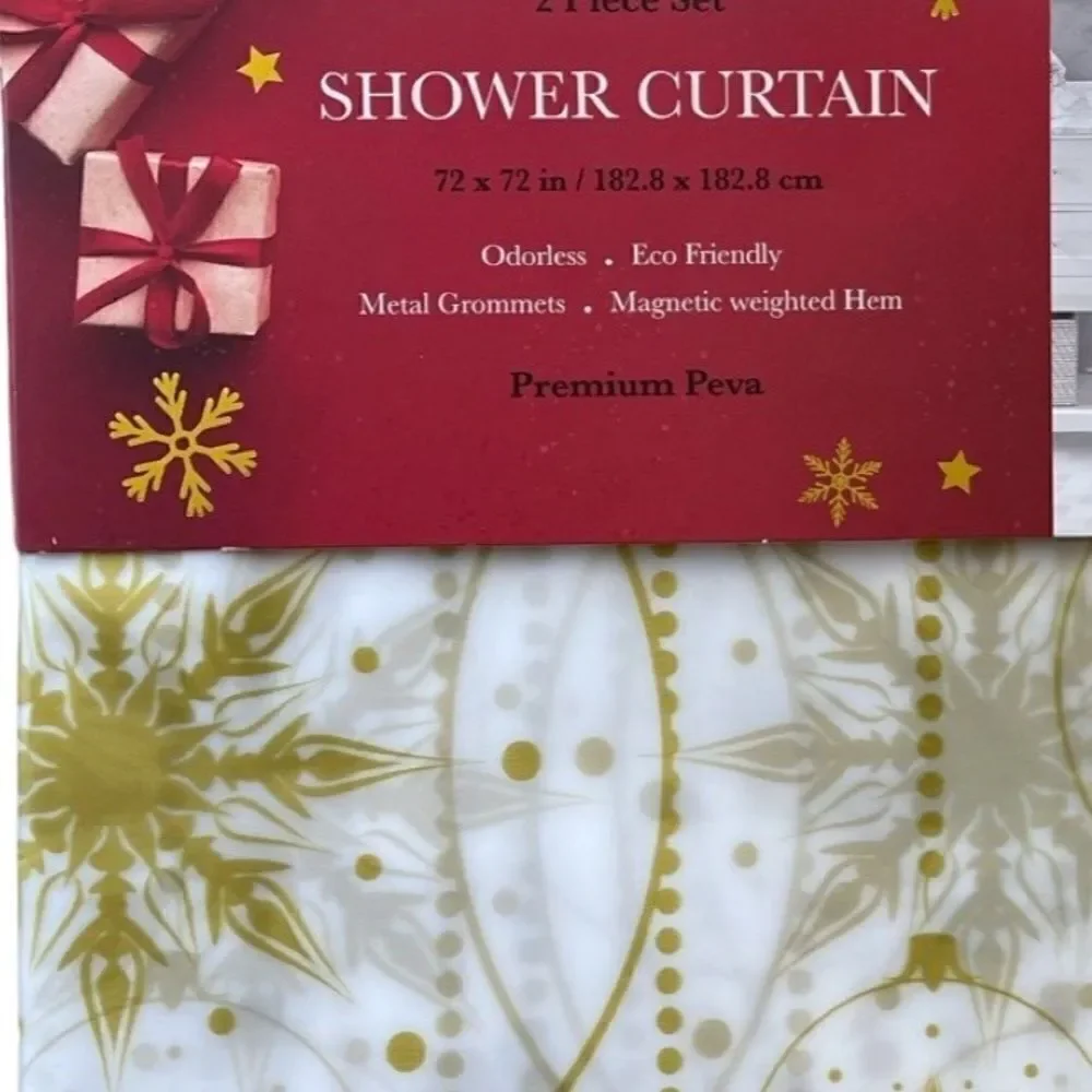 Shower Curtain 2 Piece Set Gold Metallic Holiday Ornaments Vinyl 72x72” NWT